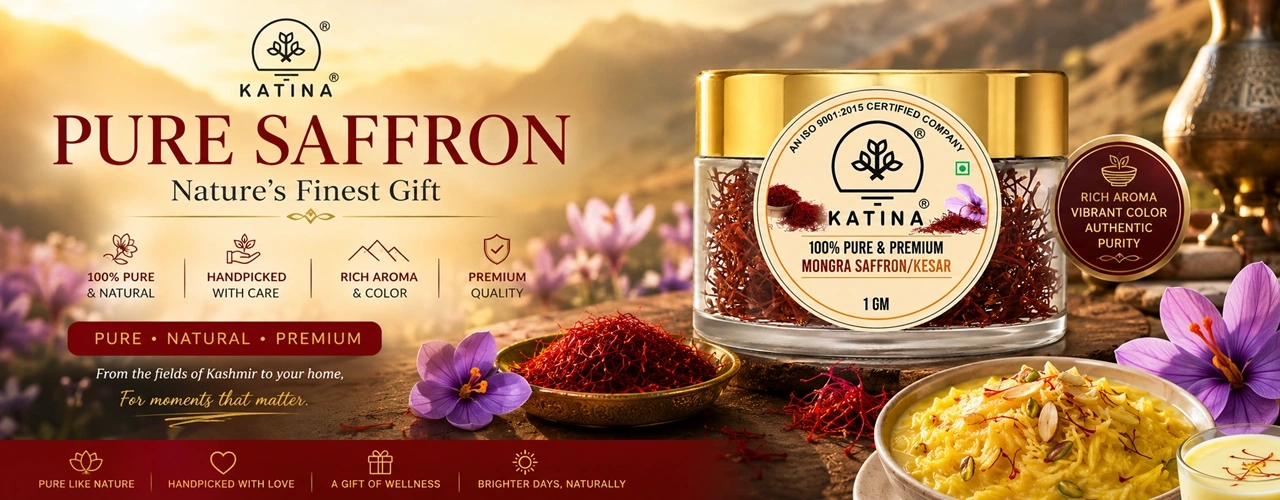 original saffron price in india , original saffron brand Premium Kashmiri Mongra Saffron by Katina Naturals in luxury glass jar with saffron strands, kesar flower, saffron milk, and traditional saffron rice.