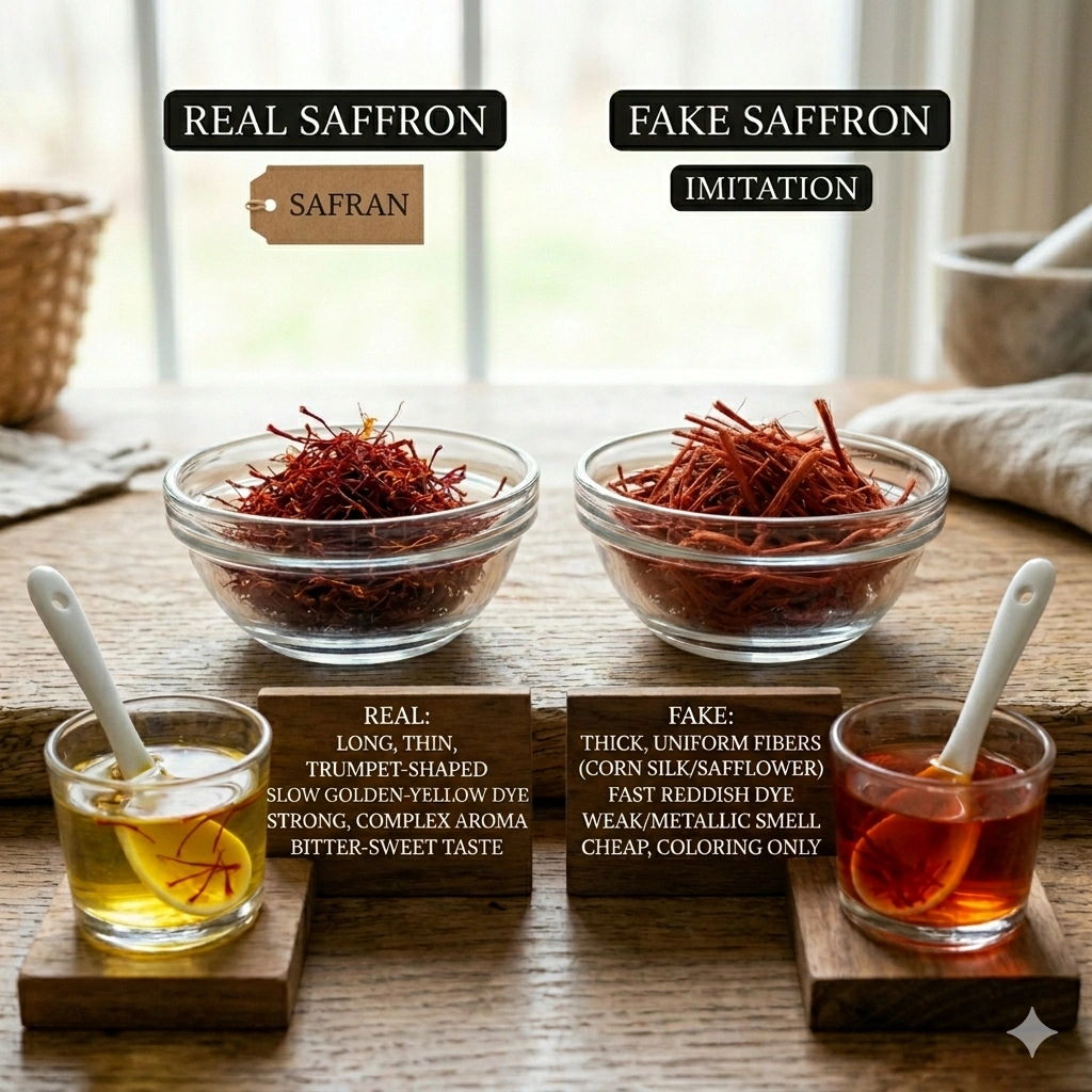 pure Kashmiri saffron threads close up stigmas deep red color